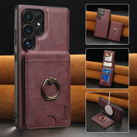 Removable Magnetic Phone Case for Samsung Galaxy S25 Ultra, with Card Slots Holder Ring Kickstand, Compatible with Magsafe 2 in 1 Case, Classic Drop Protective PU Leather Men Women - Winered