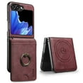 thumbnail image 1 of Removable Magnetic Phone Case for Samsung Galaxy Z Flip 5, with Card Slots Holder Ring Kickstand, Compatible with Magsafe 2 in 1 Case, Classic Drop Protective PU Leather Men Women - Winered, 1 of 7