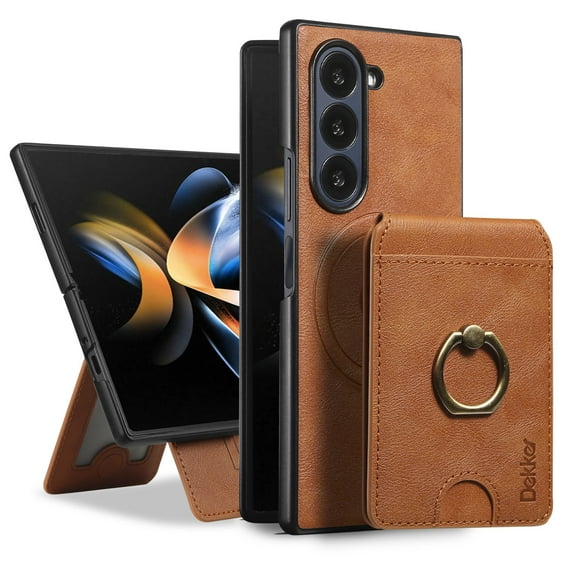 Removable Magnetic Phone Case for Samsung Galaxy Z Fold 5, with Card Slots Holder Ring Kickstand, Compatible with Magsafe 2 in 1 Case, Classic Drop Protective PU Leather Men Women - Brown