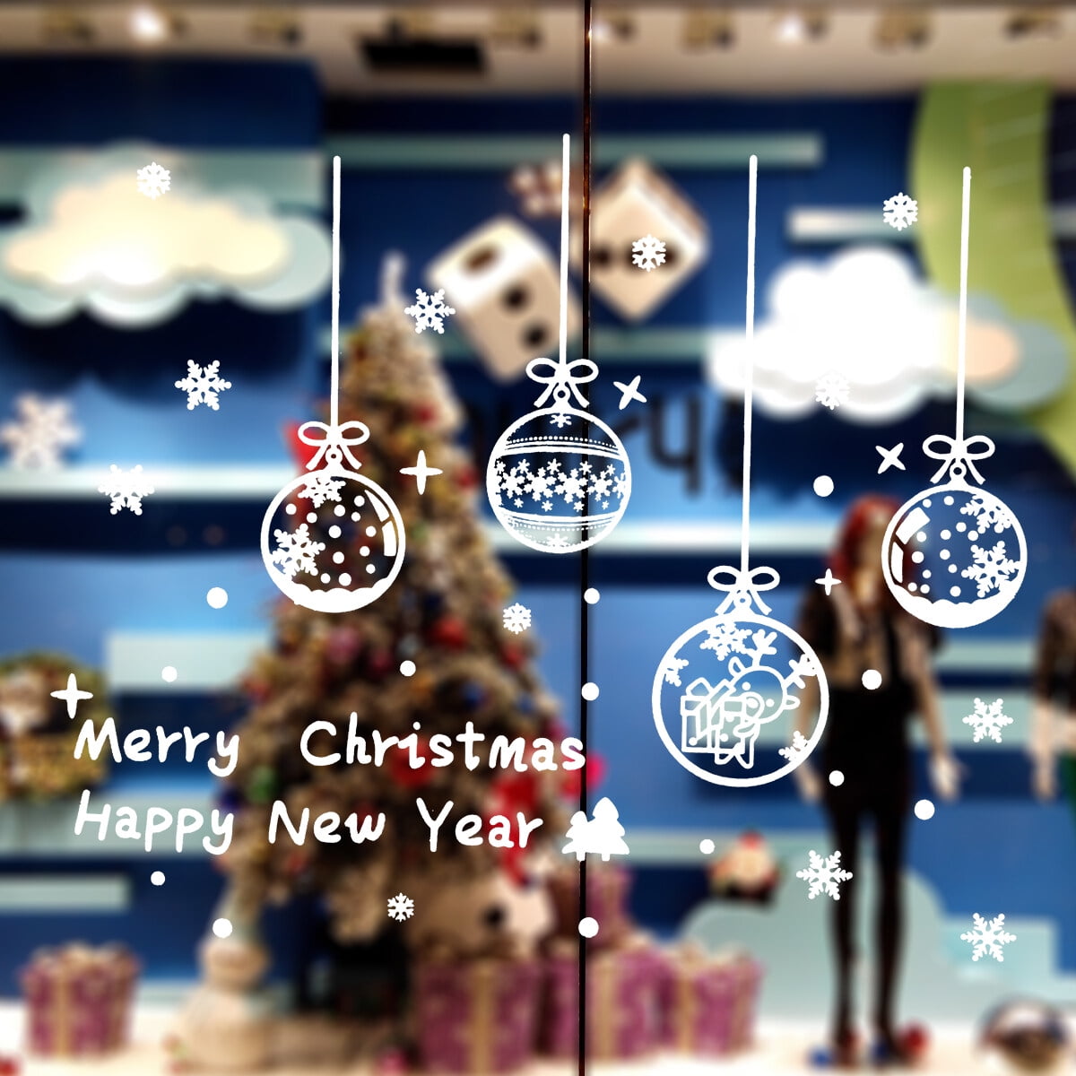 Removable Merry Christmas Vinyl Window Stickers Christmas Baubles