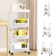 thumbnail image 1 of Removable Multi-Layer Plastic Storage Rack Organizer | Rolling White 3-Tier Shelf With U-Shape Open Front, Raised Guardrail, Hooks & Wheels | 30x20x89.5cm Durable ABS | Household Decluttering, 1 of 6