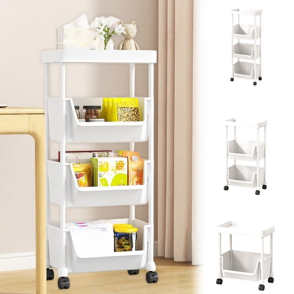 Removable Multi-Layer Plastic Storage Rack Organizer | Rolling White 3-Tier Shelf With U-Shape Open Front, Raised Guardrail, Hooks & Wheels | 30x20x89.5cm Durable ABS | Household Decluttering