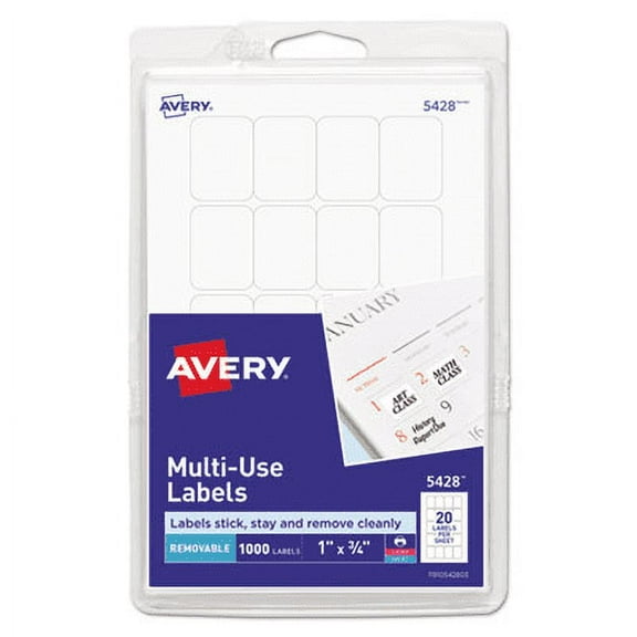 Avery-2PK Removable Multi-Use Labels, Inkjet/Laser Printers, 1 X 0.75, White, 20/Sheet, 50 Sheets/Pack, (5428)