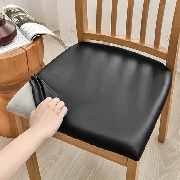 Removable PU Leather Dining Chair Seat Slipcover 19 Inch Stretchable Dining Room Seat Cover Waterproof Boho Solid Color Kitchen Chair Protctor Cover for Dining Office(Black)