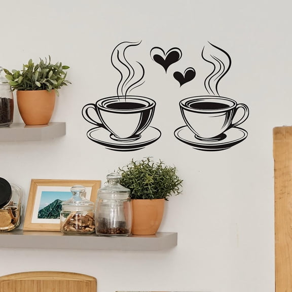 Removable Peel and Stick Wall decal, Black Wall decor with Coffee & Heart Motifs, Vinyl Construction, Wall Art for Kitchen, Coffee Bar Wall decor, Heart decorations for Home, Home