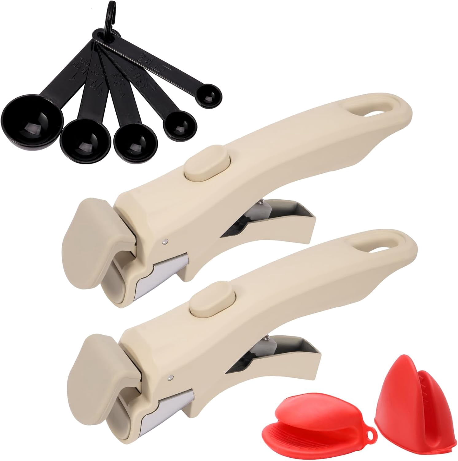 Removable Pot Handle, 2Pcs Universal Pan Handle, Replacement for Pots and Pans, Fits All Cookware + 2 Heat-Resistant Silicone Oven Mitts & 5 Measuring Spoons, Durable & Heat-Resistant, Cream Beige