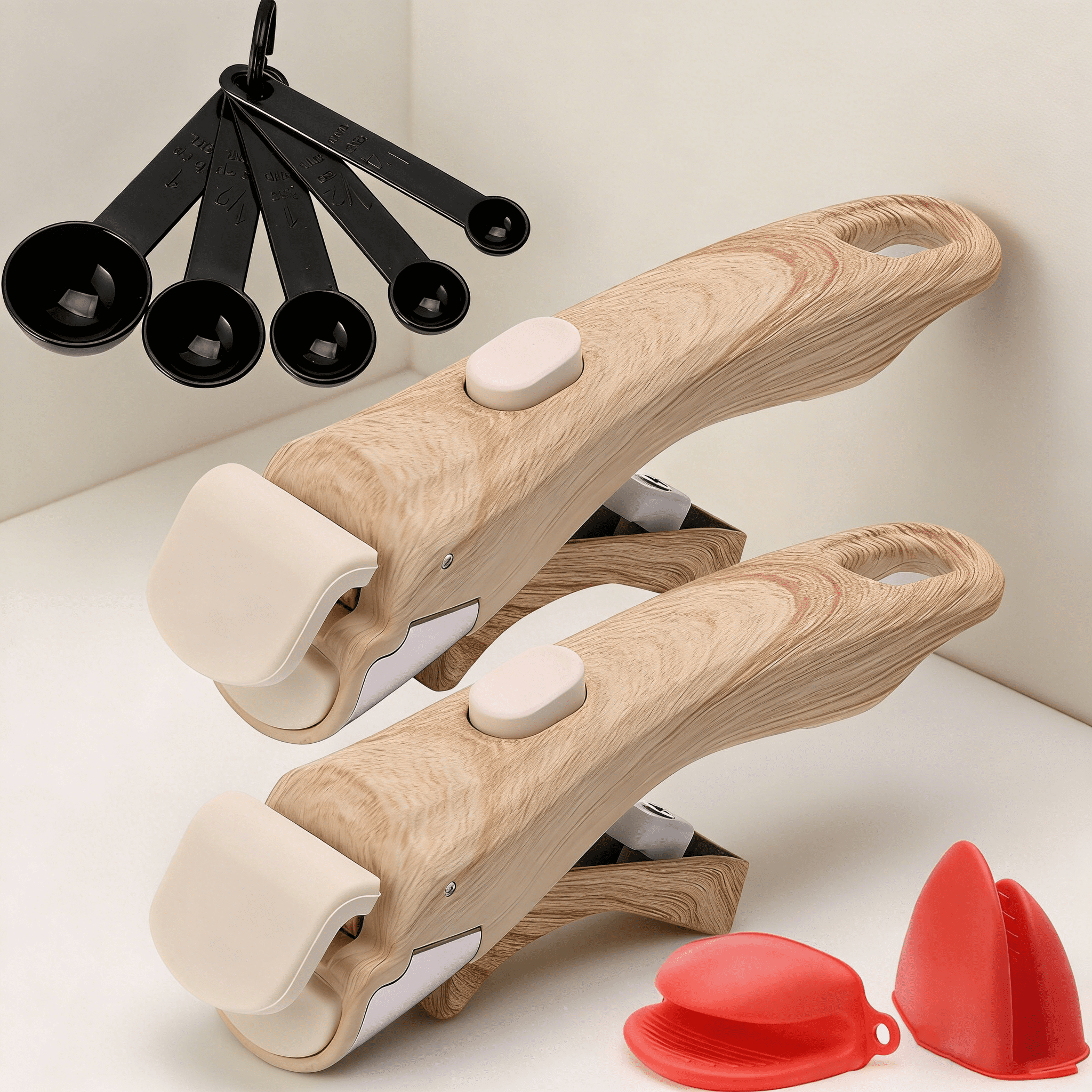 Removable Pot Handle, Universal Pan Handle, Replacement for Pots and Pans, Fits All Cookware with Silicone Oven Mitts & Measuring Spoons, Durable & Heat-Resistant, Wood-Like