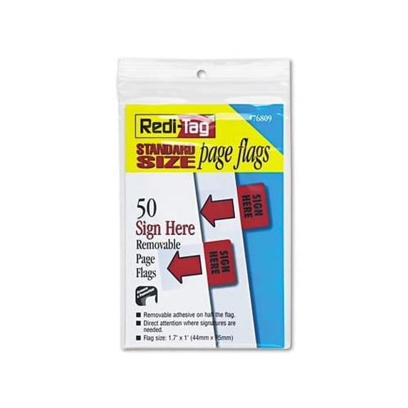 Redi-Tag, RTG76809, Sign Here Red Arrow Page Flags, 50 / Pack, Red