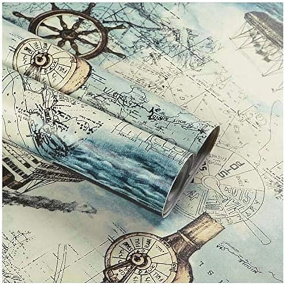 Removable Self Adhesive Printed Wall Paper Decorative Self Adhesive Shelf Drawer Liner Roll - 17.71" X 393" (17.71" X 32.8 ft, Nautical Map)