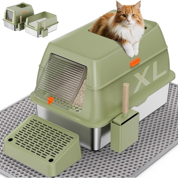 WoofiGo XL Stainless Steel Cat Litter Box with Removable Lid, Front & Top Entry, High-Sided Enclosure with Scoop, Mat & Footboard, Green