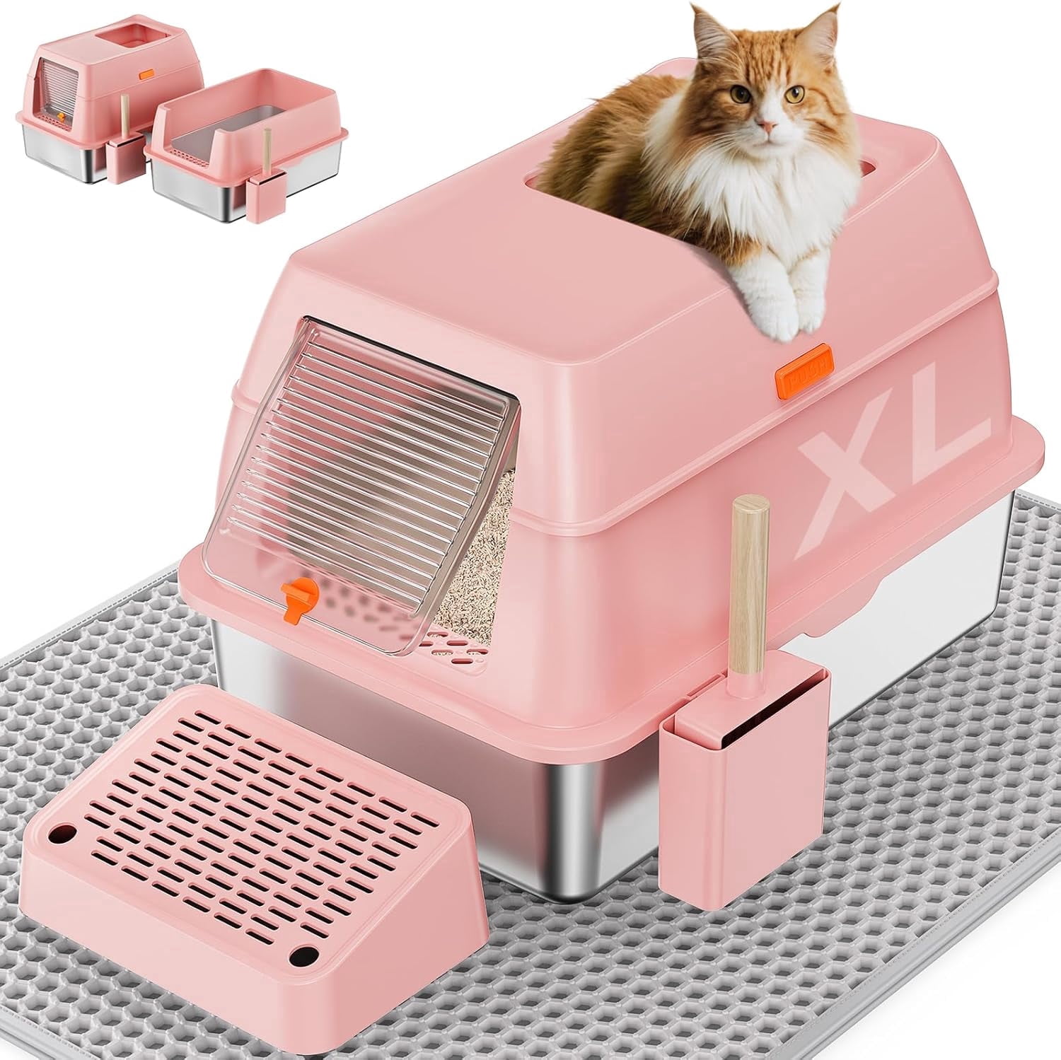 Removable Stainless Steel Cat Litter Box with lid, Front & Top Entry Kitty LitterBox，Cat Litter Box Enclosure, XL Extra Large High-Sided Metal Cat Box with Scoop, Mat, Footboard (Pink)