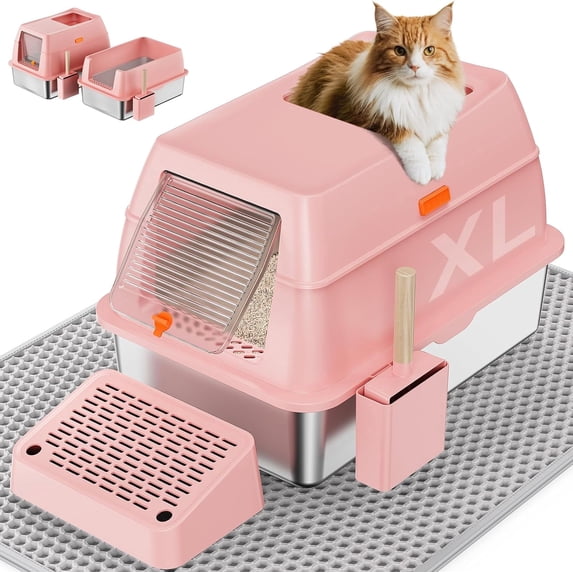 Removable Stainless Steel Cat Litter Box with lid, Front & Top Entry Kitty LitterBox,Cat Litter Box Enclosure, XL Extra Large High-Sided Metal Cat Box with Scoop, Mat, Footboard (Pink)
