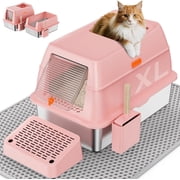 Removable Stainless Steel Cat Litter Box with lid, Front & Top Entry Kitty LitterBox Cat Litter Box Enclosure, XL Extra Large High-Sided Metal Cat Box with Scoop, Mat, Footboard Pink