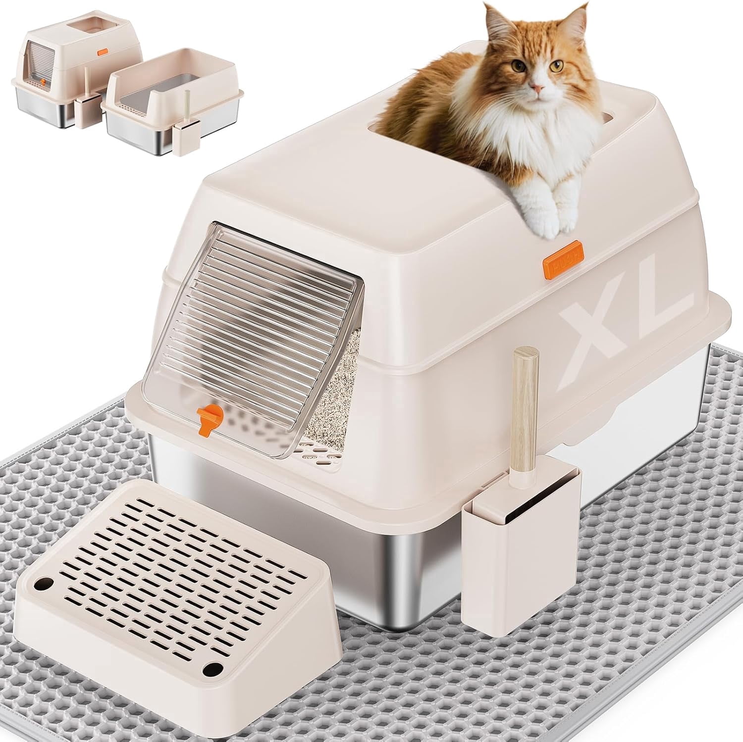Removable Stainless Steel Cat Litter Box with lid, Front & Top Entry Kitty LitterBox，Cat Litter Box Enclosure, XL Extra Large High-Sided Metal Cat Box with Scoop,Mat,Footboard (Cream)