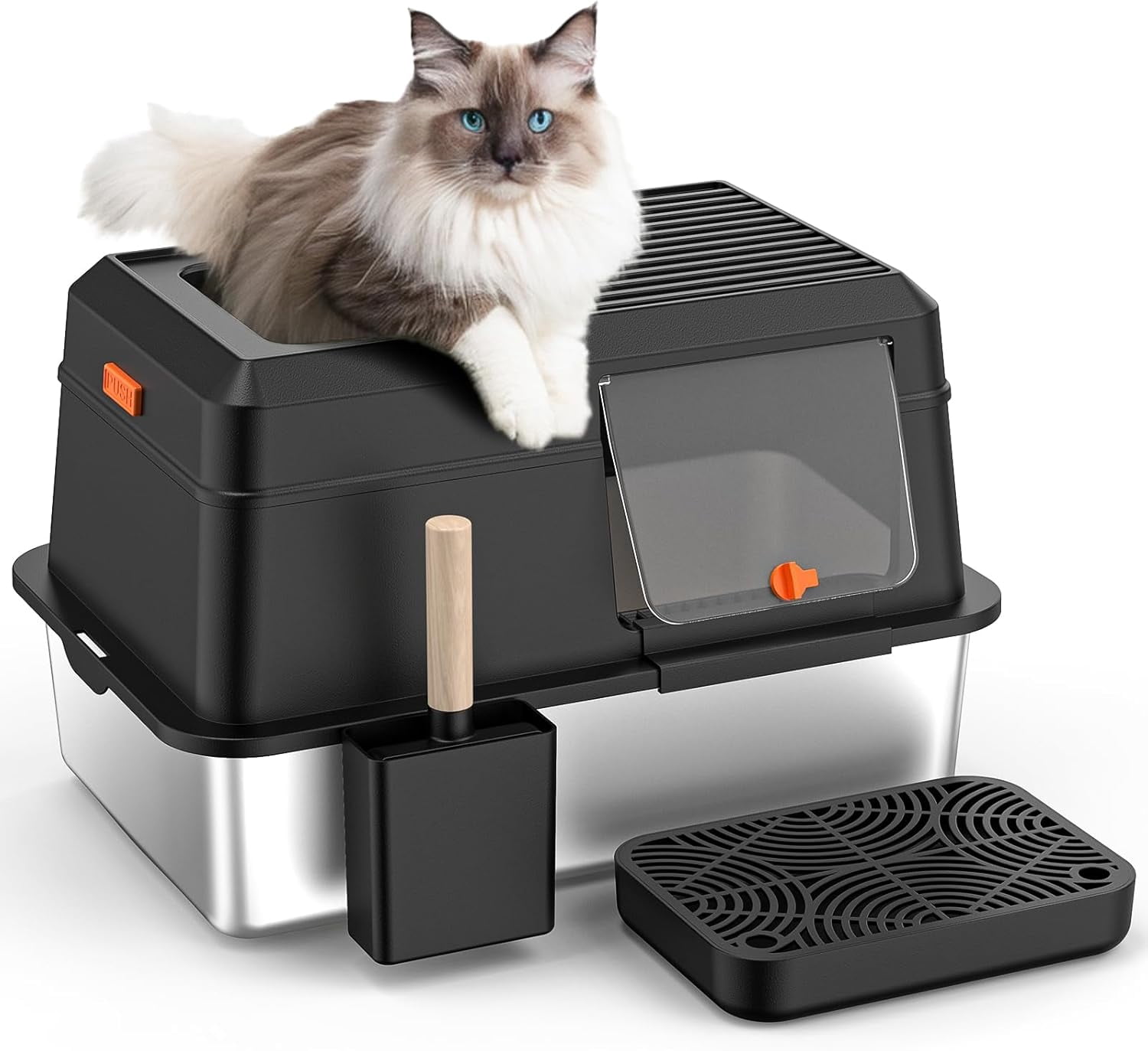 Removable Stainless Steel Cat Litter Box with lid, Side & Top Entry Kitty LitterBox，Cat Litter Box Enclosure, XL Extra Large High-Sided Metal Cat Box with Scoop, Footboard (Black)