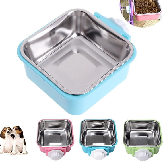 Removable Stainless Steel Hanging Pet Cage Bowl with Holder for Dog Cat Puppy Rabbit Bird Kennel Food Water Feeder