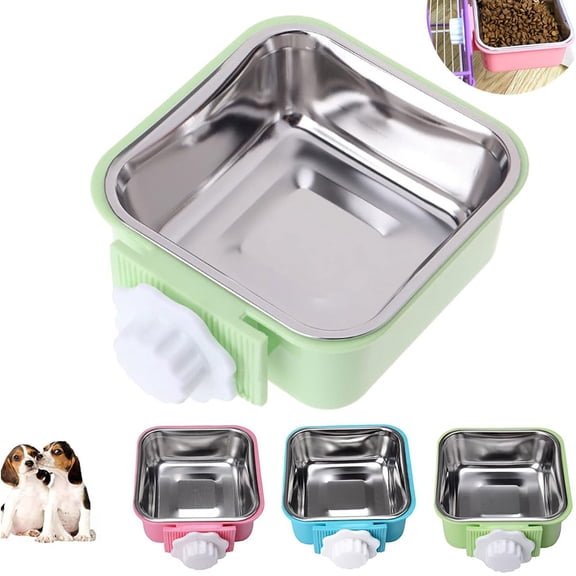 Removable Stainless Steel Hanging Pet Cage Bowl with Holder for Dog Cat Puppy Rabbit Bird Kennel Food Water Feeder