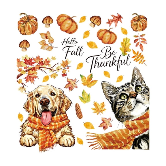 Removable Static Cling Window Decal with Dog Cat Pumpkin and Maple Leaf Pattern for Autumn Fall Thanksgiving Home Store Glass Decor