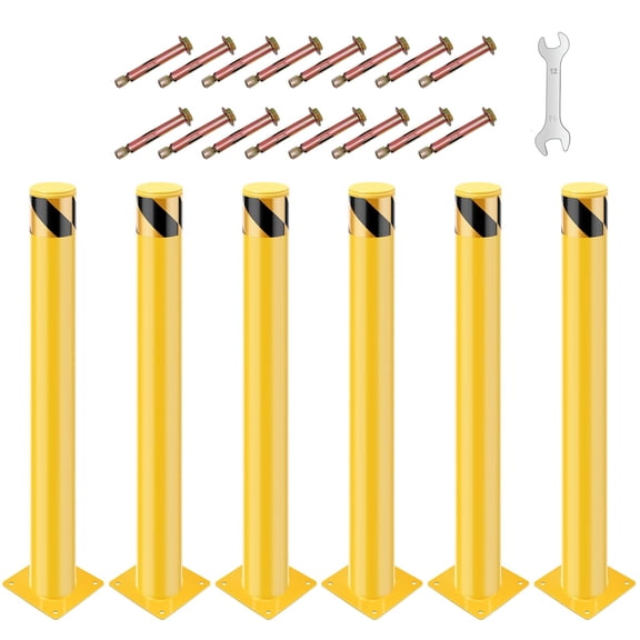 Removable Steel Safety Bollard Post 36" x 4.5" Yellow Current & Parking Barrier for Driveways, Garages, Warehouses, Industrial Safety 6 Pack With 24 Anchor Bolts, 1 Wrench, 1 Positioning Plate