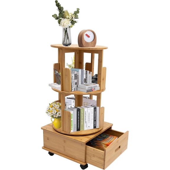 Removable Swivel Bookcase,2-Tier Bedside Table with Rolling Wheels, 360°Rotatable Rotating End Table,Multi Wood Rustic Storage Table for Bedroom Living Room Study Office (Log Color)