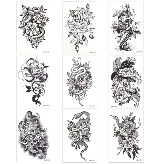 Removable Temporary Water Proof Tattoos Paper Stickers Flower & Snake Pattern Black 15x9.6x0.02cm 9pcs/set DIY