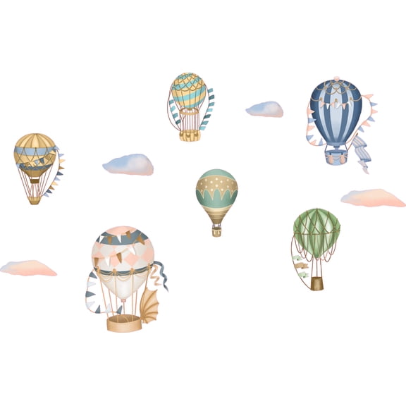Removable Vinyl Art Multicolored Hot Air Balloons Decoration Gas Balloons Design Kids Bedroom Wall Decal - 13" x 20" Home Living Room Adhesive Air Craft Vessel With Different Patterns Wall Sticker