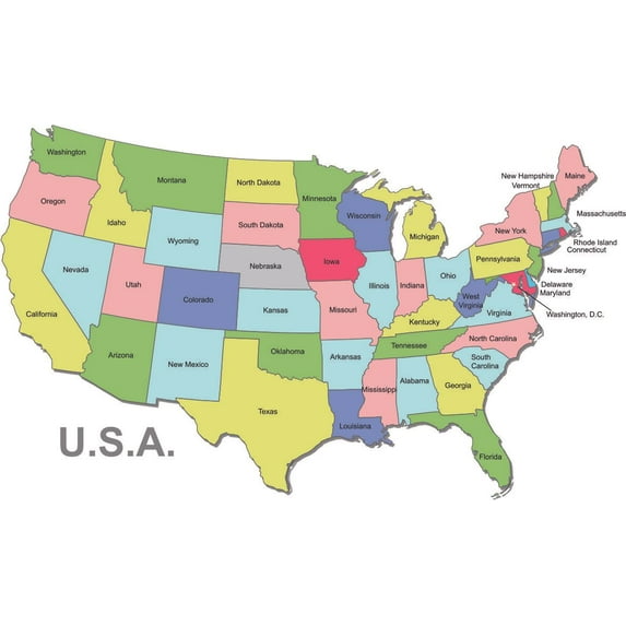 Removable Vinyl Art USA Map Multicolored Nation States Decor 12" x 18" Home Bedroom Wall Decal Sticker - Stick And Peel Kids Bedroom Office Room Geographical Iilustration Design Wall Decoration