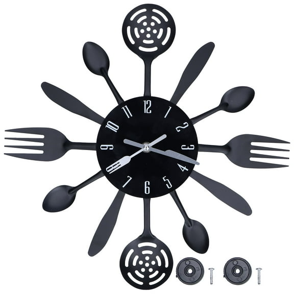 Removable Wall Clock with Black Kitchen Theme, Fork & Spoon Design for Home Dcor Modern Kitchen Accent