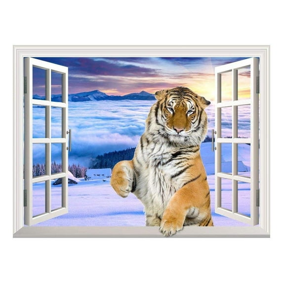 Removable Wall Sticker/Wall Mural - A Standing Tiger with a Paw on The Windowsill | Creative Window View Wall Decor - 24"x32"