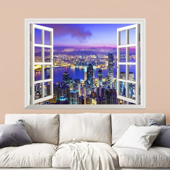 Removable Wall Sticker/Wall Mural - Beautiful City Skyline at Evening | Creative Window View Wall Decor - 24"x32"