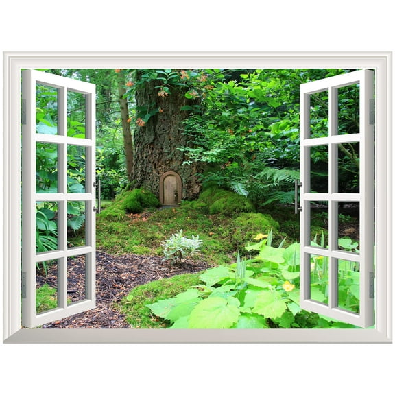 Removable Wall Sticker/Wall Mural - Elf Treehouse in The Forest | Creative Window View Wall Decor - 36"x48"