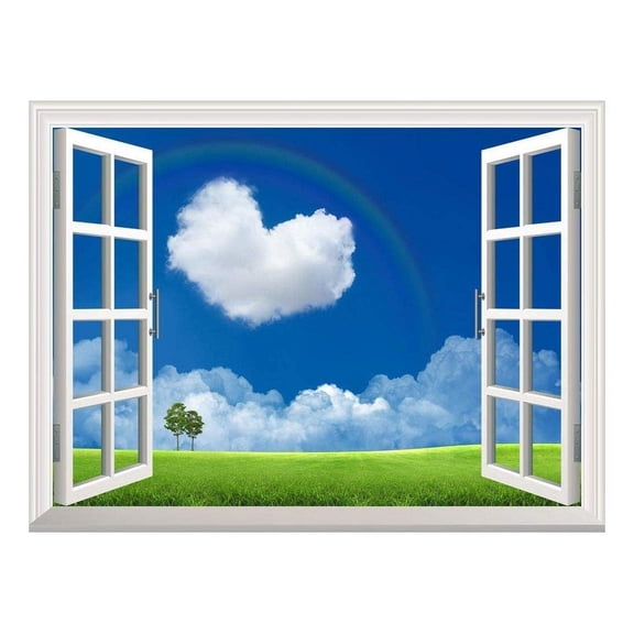 Removable Wall Sticker/Wall Mural - Heart Shaped Cloud on The Clear Sky with a Rainbow | Creative Window View Wall Decor - 24"x32"