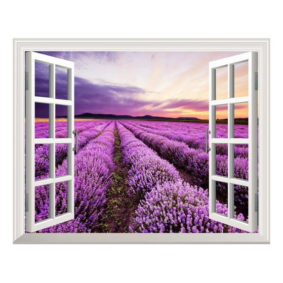Removable Wall Sticker / Wall Mural - Lavender Field out of the Open Window Creative Wall Decor - 24"x32"