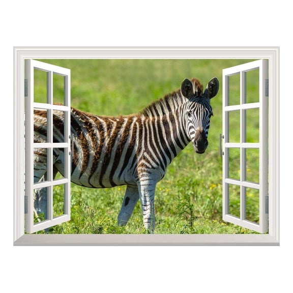 Removable Wall Sticker/Wall Mural - Open Field with a Zebra Walking by | Creative Window View Wall Decor - 24"x32"