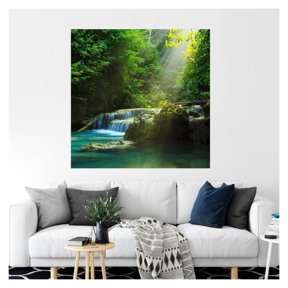 Removable Wall Sticker/Wall Mural Sunlight Sunshine Emerald Green Forest River Rapids Nature Wilderness Realism Landscape Decorative for Living Room, Bedroom, Office - "x48"