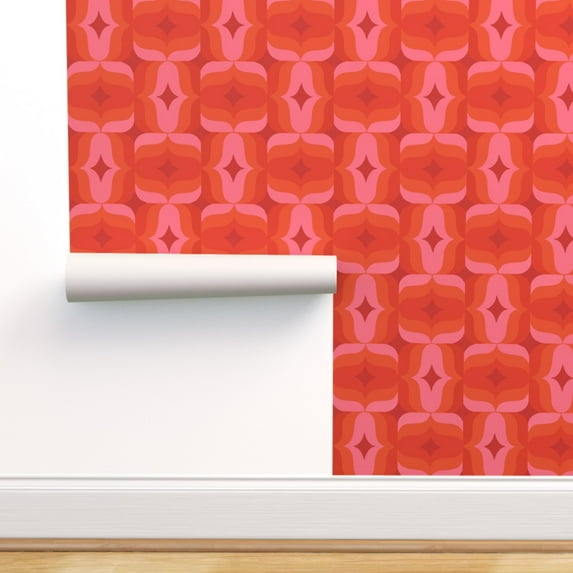 Removable Wallpaper 12ft x 2ft - 19070S Red Pink Orange Vintage Retro Geometric Ogee Custom Pre-pasted Wallpaper by Spoonflower
