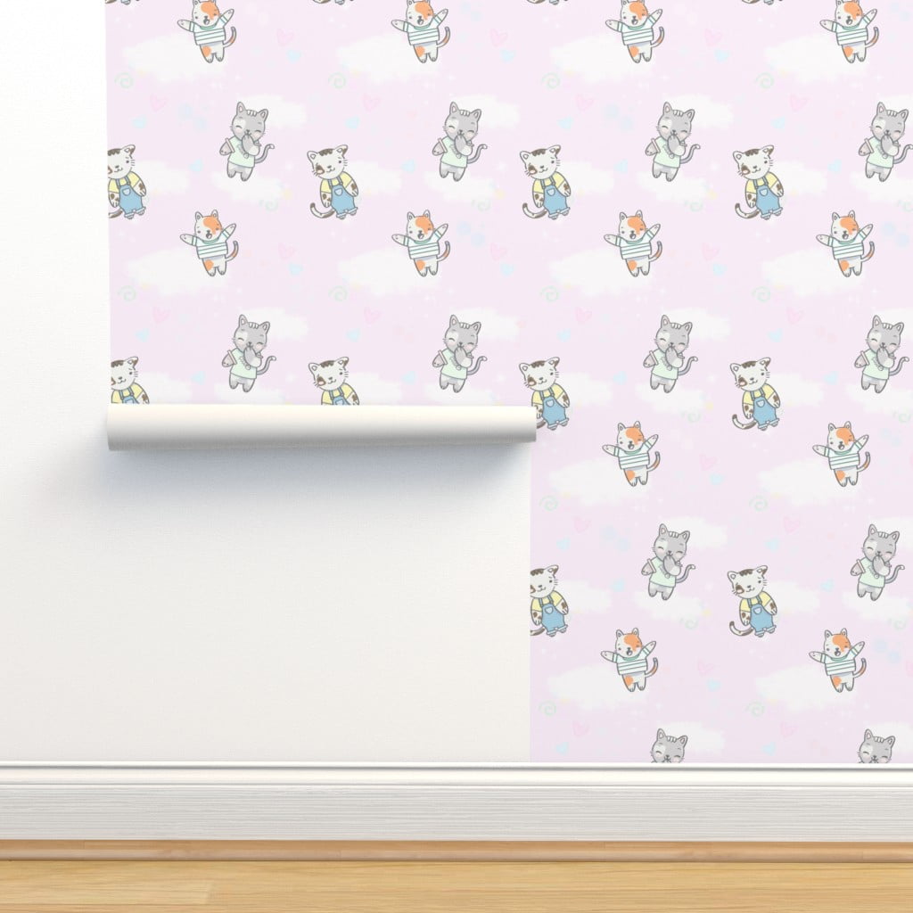 Removable Wallpaper 12ft x 2ft Kawaii Cats Pastel Pink Cute Kitties