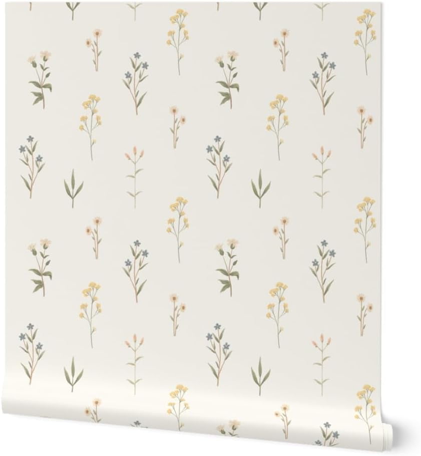 Removable Wallpaper 6ft x 2ft - Neutral Floral Wildflowers Beige Green ...