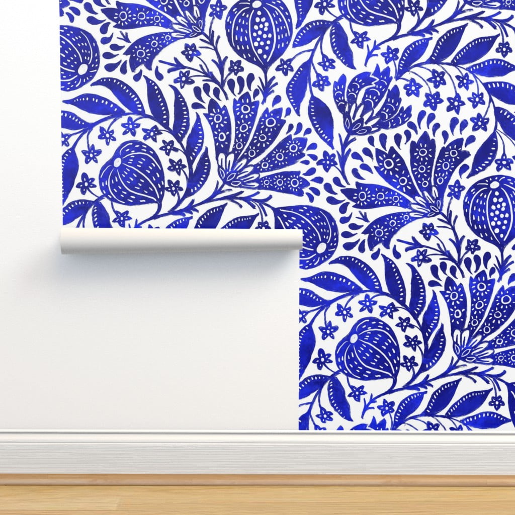 Removable Wallpaper 9ft x 2ft Cobalt Blue Botanical Bright White Indian Floral Persian Figs