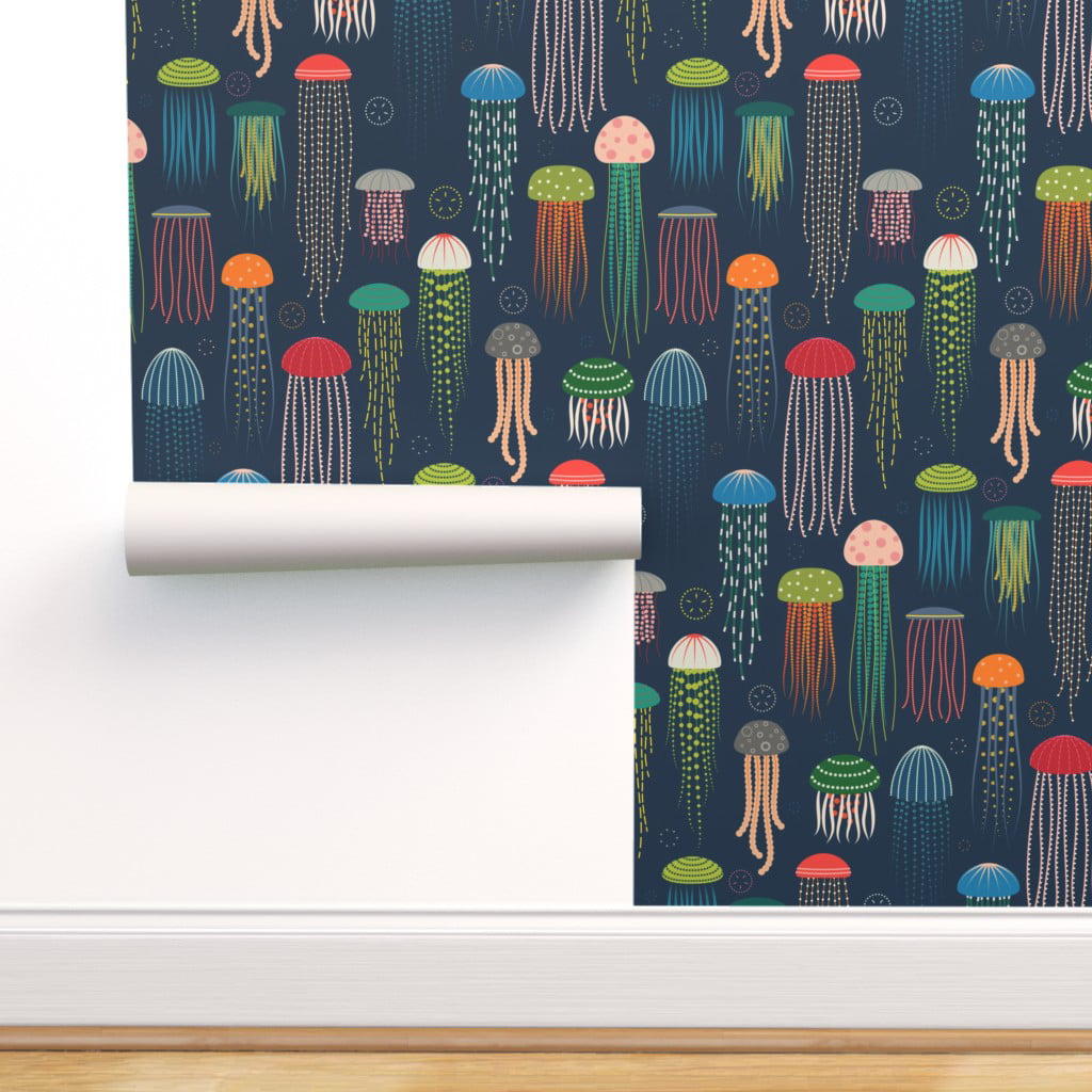 Removable Wallpaper 6ft x 2ft - Jellyfish Swim Modern Colorful Fish Bright  Sea Creatures Animals Ocean Custom Pre-pasted Wallpaper by Spoonflower 