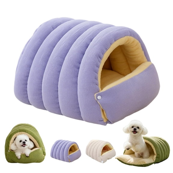 Removable Washable Warm Covered Pet Bed, Soft Plush Cotton Self-Warming Hooded Sleeping Nest, Non-Slip Base Winter Warm Rest Bed for Cats & Small Dogs
