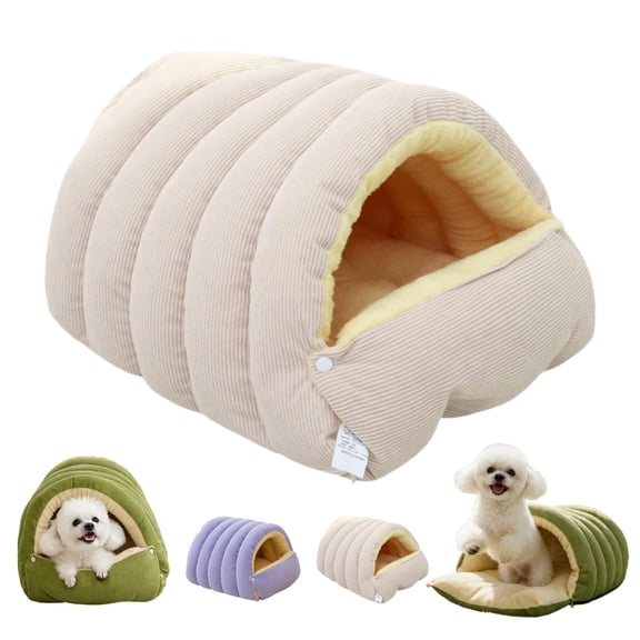 Removable Washable Warm Covered Pet Bed, Soft Plush Cotton Self-Warming Hooded Sleeping Nest, Non-Slip Base Winter Warm Rest Bed for Cats & Small Dogs