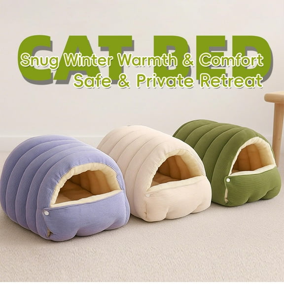 Removable and Washable Winter Closed-Off Cat Bed, Pet Indoor Cave for Cats, with Removable Cushion, Cozy Warming Fluffy Pet Bag for Small and Medium Dogs and Cats 17.72*14.96 White