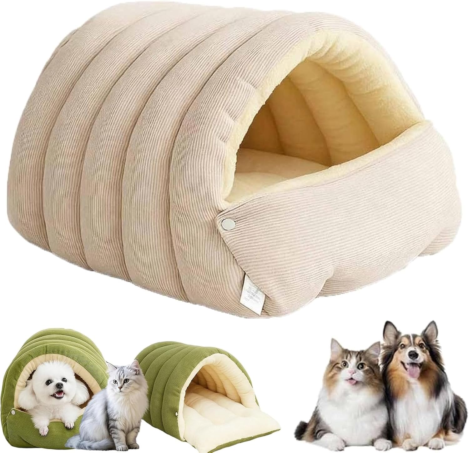 Removable and Washable Winter Closed-Off Cat Bed, Warm Foldable Secure Pet Nest, Comfortable Warm Secure Snuggle Hut, for Indoor Cats and Small Dogs (Beige, M (17.7 * 11.8 * 7.5 in))
