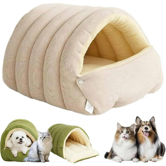 Removable and Washable Winter Closed-Off Cat Bed, Warm Foldable Secure Pet Nest, Comfortable Warm Secure Snuggle Hut, for Indoor Cats and Small Dogs (Beige, M (17.7 * 11.8 * 7.5 in))