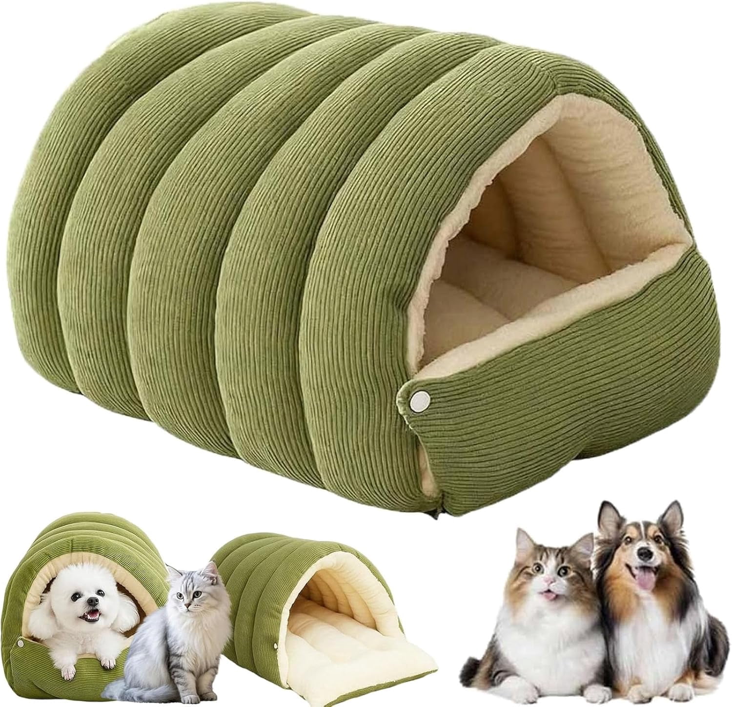 Removable and Washable Winter Closed-Off Cat Bed, Warm Foldable Secure Pet Nest, Comfortable Warm Secure Snuggle Hut, for Indoor Cats and Small Dogs (Green, L(22.4 * 14.6 * 11 in))