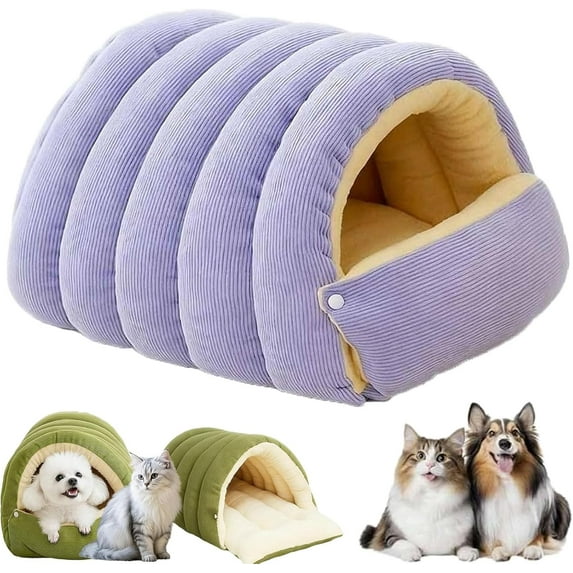 Removable and Washable Winter Closed-Off Cat Bed, Warm Foldable Secure Pet Nest, Comfortable Warm Secure Snuggle Hut, for Indoor Cats and Small Dogs (Purple, L(22.4 * 14.6 * 11 in))