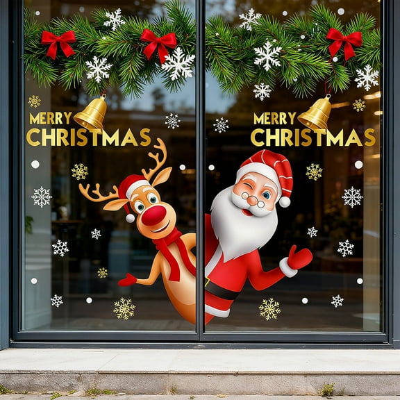 Removable Waterproof Christmas Wall Stickers - Reindeer & Santa Claus Designs, Antistatic Material, Easy to Apply, Suitable for Living Room, Bedroom & Home Decor, Enhances Holiday Vibe, 2pcs