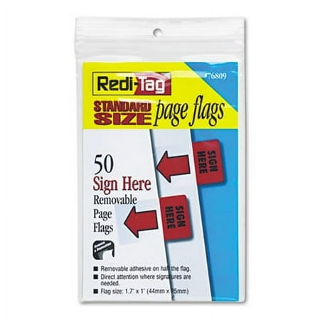 5PK Redi-Tag 76809 Removable/Reusable Page Flags, "Sign Here", Red, 50/Pack