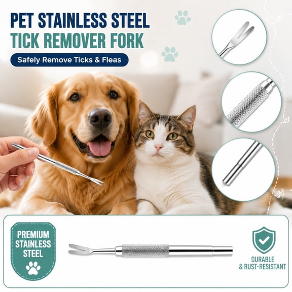 Removal Fork, Non-Slip Textured Grip, Remover for Dogs, Cat Remover, Pet Parasite Remover, Stainless Steel, 4.5 in Size, Pet Grooming Tool for At-Home and Outdoor Pet Care, Single